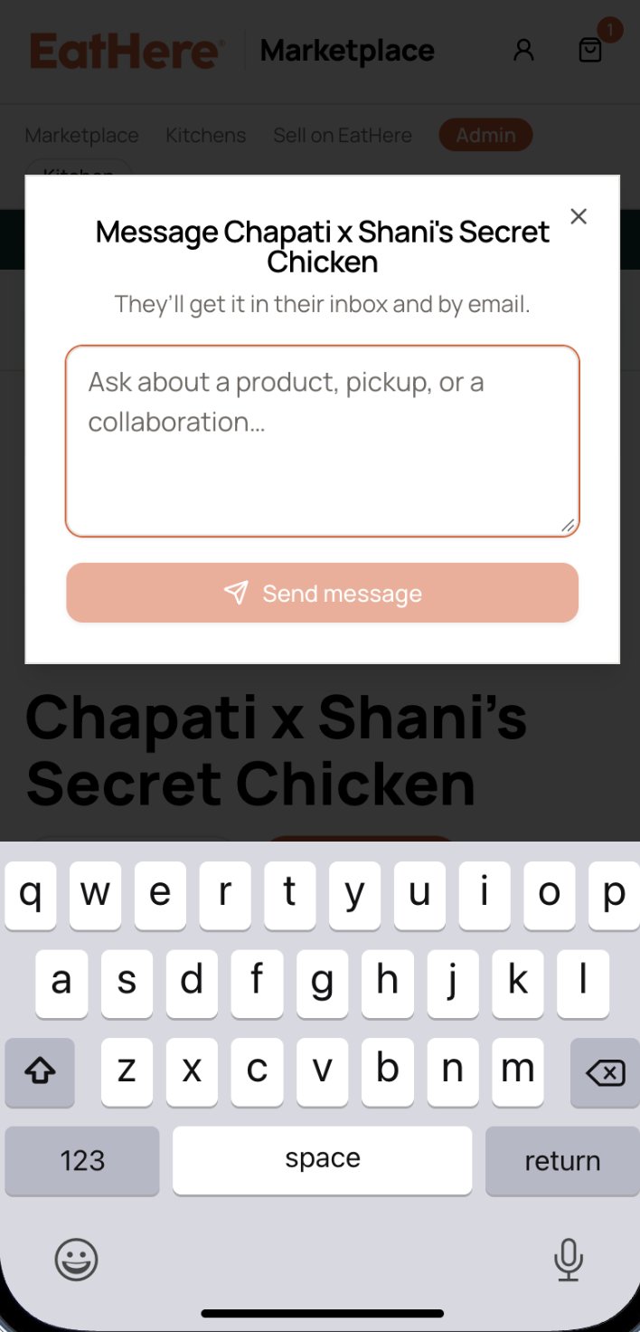 Message merchant dialog on a phone, showing how customers reach a kitchen directly