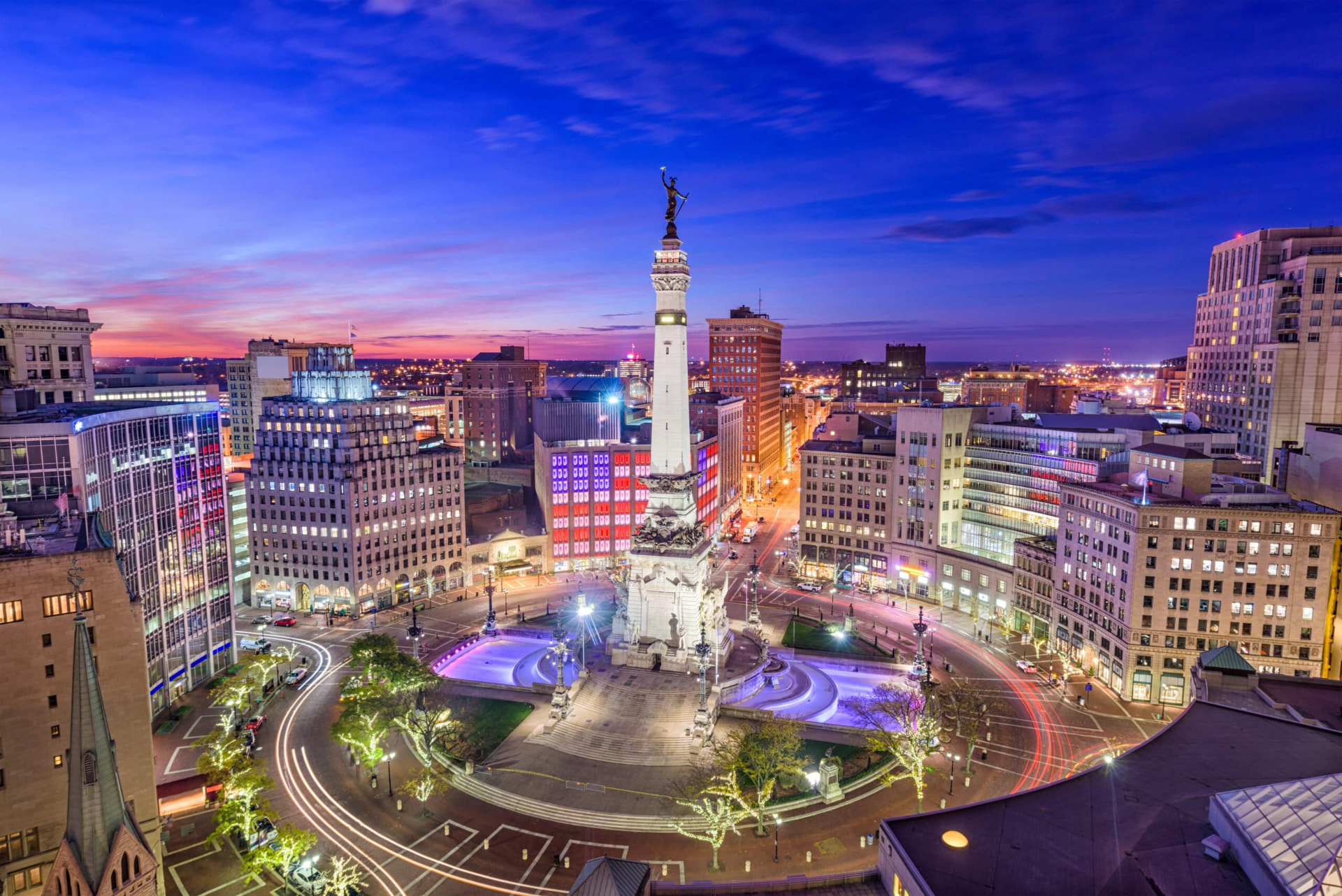 Indianapolis skyline over Monument Circle at dusk