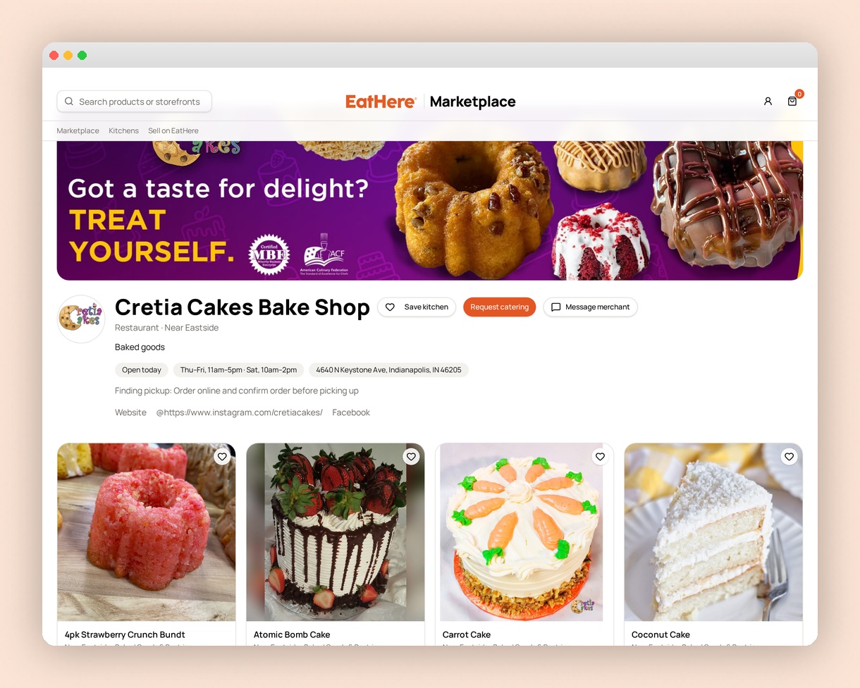 Cretia Cakes Bake Shop storefront on EatHere Marketplace in a framed preview