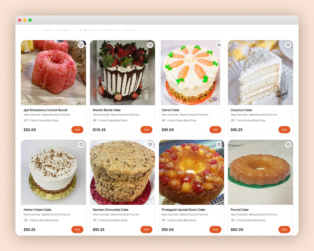 Cretia Cakes menu with cake photos, prices and Add buttons in a framed Marketplace preview