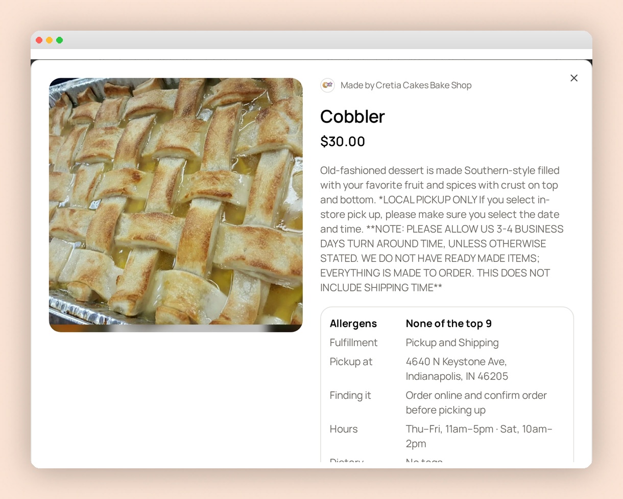 Cretia Cakes cobbler product photo, description and price in a framed Marketplace preview